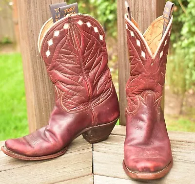 Vintage Red Tony Lama 50's Peewee Shorty Inlay Cowgirl Boots 7 M Cloth Pull • $86