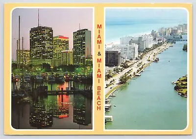 Miami & Miami Beach FL~Skyline At Night & Air View At Day~Continental Postcard • $1.35