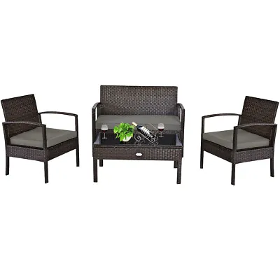 4PCS Outdoor Patio Rattan Furniture Set Cushioned Sofa Coffee Table Garden Deck • $199.99