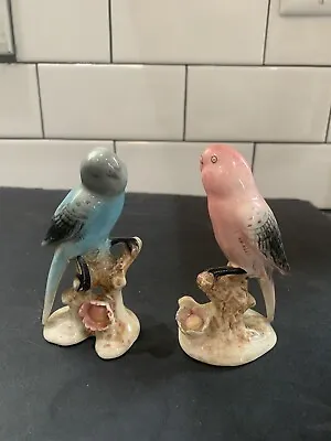 2 Small Vintage Ceramic Figurine Pink And Blue Parakeets Made In Japan • $18