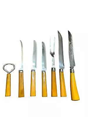 Vtg Bakelite Handle Cutlery Set 7 Pieces Carving Knife Fork Bottle Opener Knives • $24