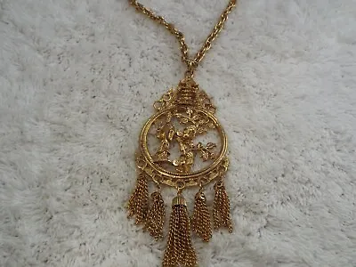 Goldtone Asian Lady Quan Yin Flower Pagoda Chain Fringe Pendant Necklace (F33) • $29.73