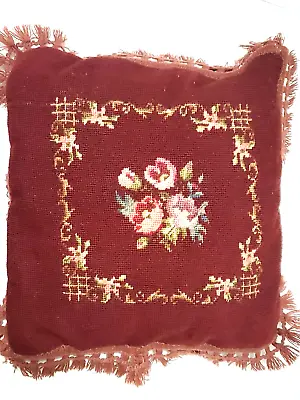 Vintage Custom Pillow Flower Bouquet Floral Wool Embroidery Fringe 15x14” • $40