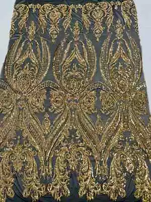 Damask Fabric - Gold - Embroidered Design On Lace Mesh Fabric By Yard • $39.36