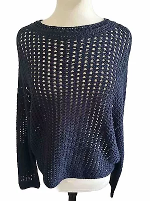 Vince Womens Navy Blue Crochet Crew Neck Open Weave Pullover Sweater L Nautical • $67.15