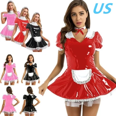 Womens PVC Leather French Maid Cosplay Costume Mini Dress Halloween - View #3