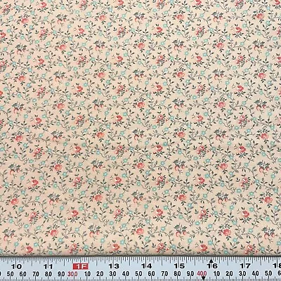 Vintage Peter Pan Fabrics Salmon Blue Florals Lt. Peach Cotton By The HALF YARD • $6.50