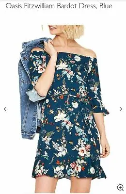 Oasis Fitzwilliam Museum Teal Blue Floral Bardot Dress 14 £46 • £24.99