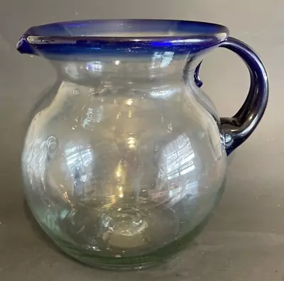 Vintage Mexican Hand Blown Glass Water Margarita Pitcher Cobalt Blue Rim 128oz • $36.74