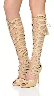 $550 Alice+Olivia 7 Naomi Knee High Beige Suede Lace Up Sandals • $239.99