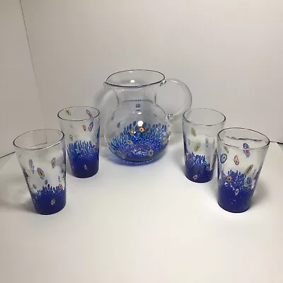 Hand Blown Murano Style Millefiori/Splatter Glass Pitcher W/ 4 Matching Glasses • $120