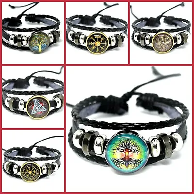 Leather Viking Vegvisir Rune Compass Cuff Bracelet  Icelandic Stave Norse Tree  • £5.49