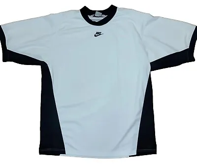 Vtg NIKE Center Swoosh T-Shirt Short Sleeve Ringer Crew Neck White/Navy Size Lg • $19.99