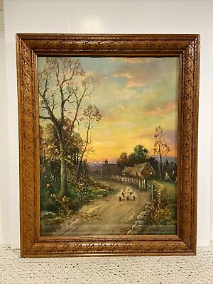 14x18” Vintage “Sheep Returning Home” Print W/Carved Oak Wood Frame & Glass • $119.95