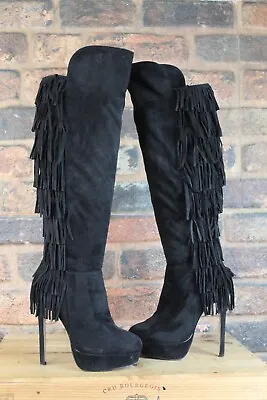 Black Faux Suede Tassel High Heel Tall Boots Size 3 / 36 By Jeff Bains Used • £10