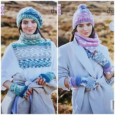 KNITTING PATTERN Ladies Easy Knit Hats Cowl HandWarmers Chunky King Cole 5908 • £4.49