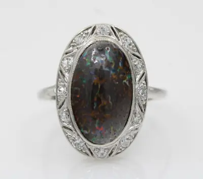 Vintage 14k White Gold Diamond & Black Opal Ring Size 8.5 - 5.7 Grams • $809.99