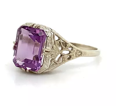 Vintage 14k White Gold Emerald Cut Amethyst Filigree Solitaire Ring Size 7 • $245