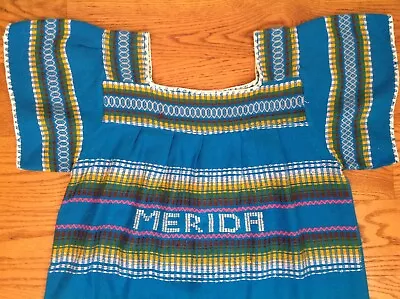 Vintage Mexican Huipil Dress Tunic Womens M Blue Woven Acrylic Boho Bird Merida • $29.95