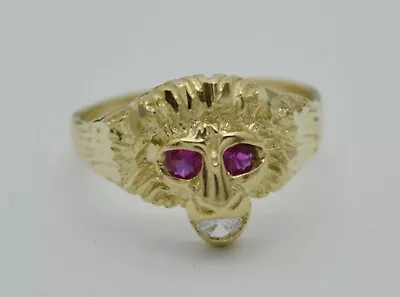 Real Solid 10K Yellow Gold Mens Red Eye Lion Head Ring 2.9 Grams ALL SIZES • $186.55