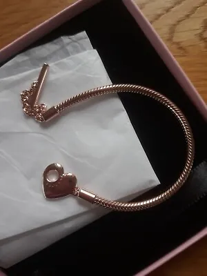 Pandora Rose Gold Moments Heart T-Bar Snake Chain Bracelet 17cm Wrist 15cm+ • £60