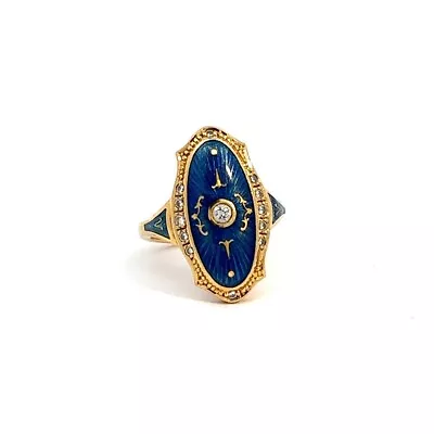 Faberge 18K Yellow Gold Diamond Blue Enamel Ring Sz 7 With Original Box 117/300 • $2995