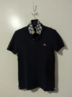 Burberry London Dark Navy Blue Polo Beige Nova Check Collar  Men S Slim Fits XS • $42.49