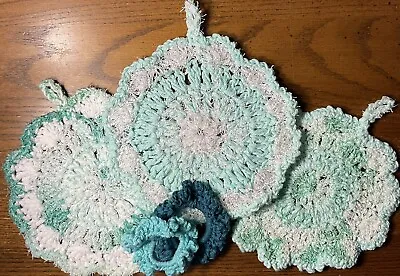 Crochet Gift SET XL Scrubbies MINT AQUA GREEN Scrubby Rags Scrunchie Hair Ties • $15