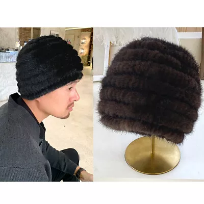 Men's Real Mink Fur Hat Winter Warm Skullies Beanie Cap Headwear Black Brown • $24.64