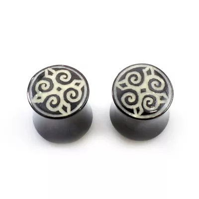 Pair Of Ear Plugs Made Of Organic Horn Bone With Mandala Design • $9.66