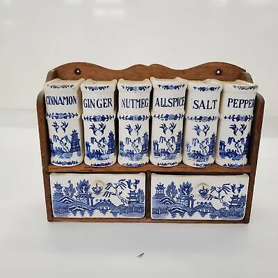 Vintage Blue Willow 9pcs Spice Jar & Wood Rack Set Japan • $26