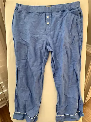 J Crew Pajamas Pants Large L Cotton Linen Blend Weave Blue Pockets Crop Capri • $19.88