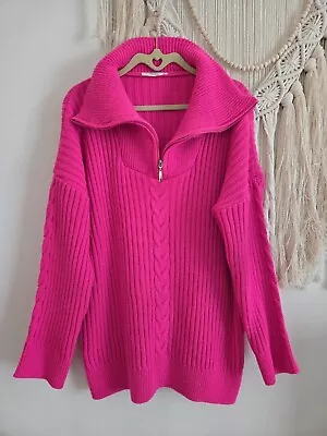 Max Mila Paris Cable Knit Sweater 1/2 Zip Hot Pink One Size Owersize  • $20
