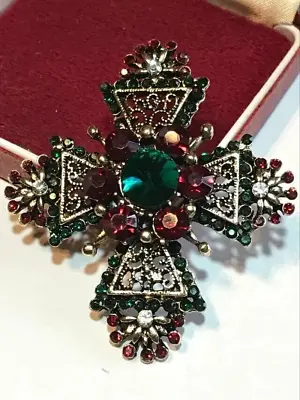 Vintage Style Women Red & Green Crystal Maltese Cross Brooch Pendant Shawl Pin • $11.25
