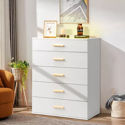 Bedroom Storage LED Dresser Chest Of 5 Drawers Cabinet With Tempered Glass Top • $122.54