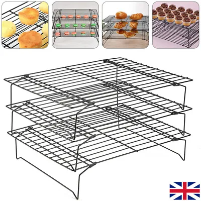 3Tier Cake Biscuit Cooling Tray Rack Steel Wire Non-Stick Baking Stand Stackable • £10.69