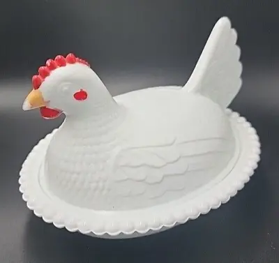 Vintage White Milk INDIANA GLASS Painted Chicken Hen On Nest Butter Candy Dish • $12