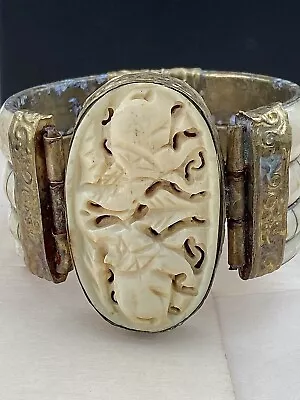 Chunky VTG Carved Celluloid ? Costume Jewelry Elephant Bracelet W Pin Closure • $0.99