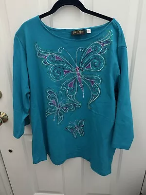 Bob Mackie Women’s Blue Top With Butterfly Sequins & Embroidery Size 2X.  A-232 • $27