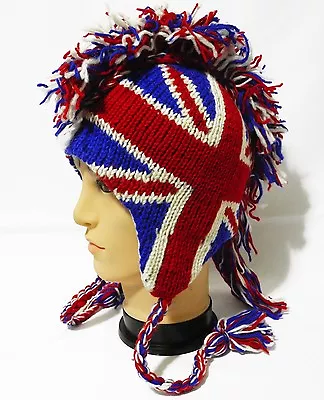 Team England Flag Mohawk Hat Beanie Pilot Handmade 100% Wool Fleecelining   • $17.95