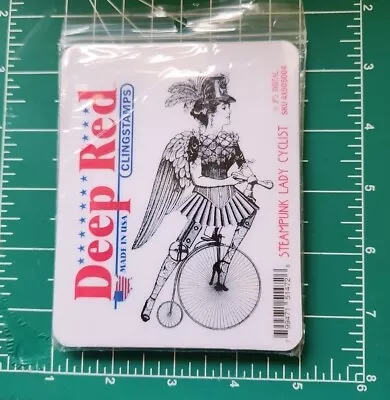 DEEP RED Rubber Stamp- STeampunk Lady On Bicycle. Never Used- B10 • $8.99