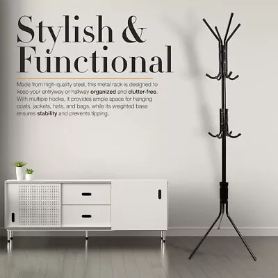 Coat Stand Hat Rack Jacket Umbrella Floor Standing Rack Clothes Hanger 12 Hooks • £9.98