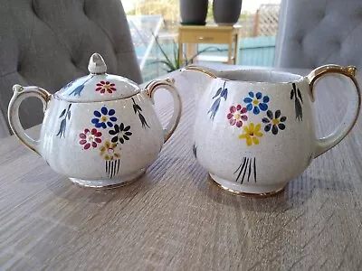 Vintage SADLER Pottery Milk And Sugar Set Hand Painted Flowers Gold Edge # 2735 • £30