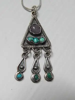 Vintage Mexican Sterling Silver Matl Family Taxco Turquoise Amethyst Necklace • $99.95