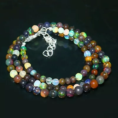 925 Sterling Silver Ethiopian Black Opal Beads Necklace  Lobster Clasp Jewelry • $69.86