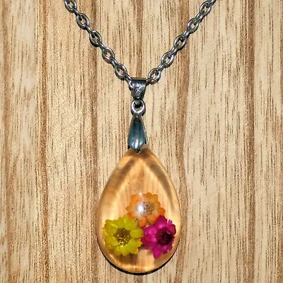 Vintage Flower Necklace Silver Tone Chain Synthetic Resin Floral Pink Yellow • $12.59