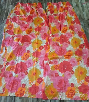 VTG Curtain Panels Set Psychedelic Orange Pink Floral 1960s Flower Power 83x23 • $115.99