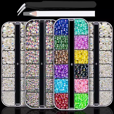 4 Boxes Flat Back Rhinestone&Pearls Kits Flatback Round Glass Crystal AB Gems+Co • $19.99