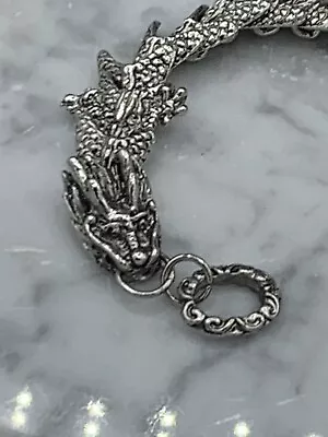 Vintage Silver Metal Dragon Motif Articulated Toggle Bracelet - Scales • $11.95