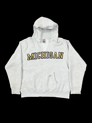 VTG Michigan University Hoodie Sweatshirt Gray Embroidered Ripped Sz L Dstrssd • $35